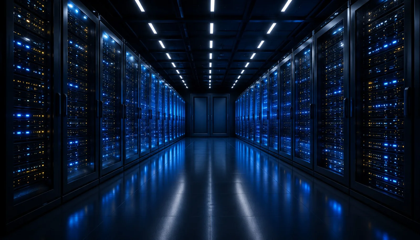 Rows of illuminated server racks in an enterprise data hall
